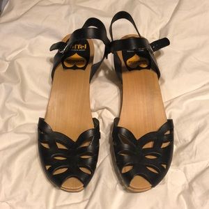Swedish Hasbeens black cutout low wooden sandals